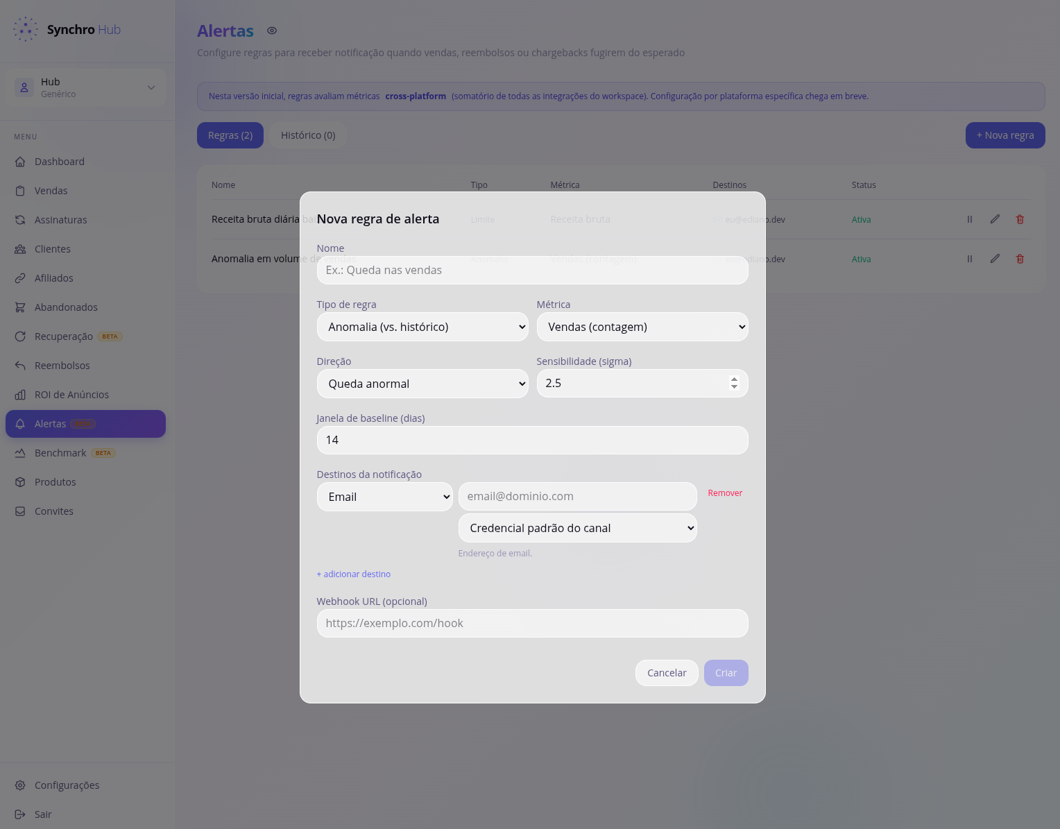 Modal de criação de regra de alerta