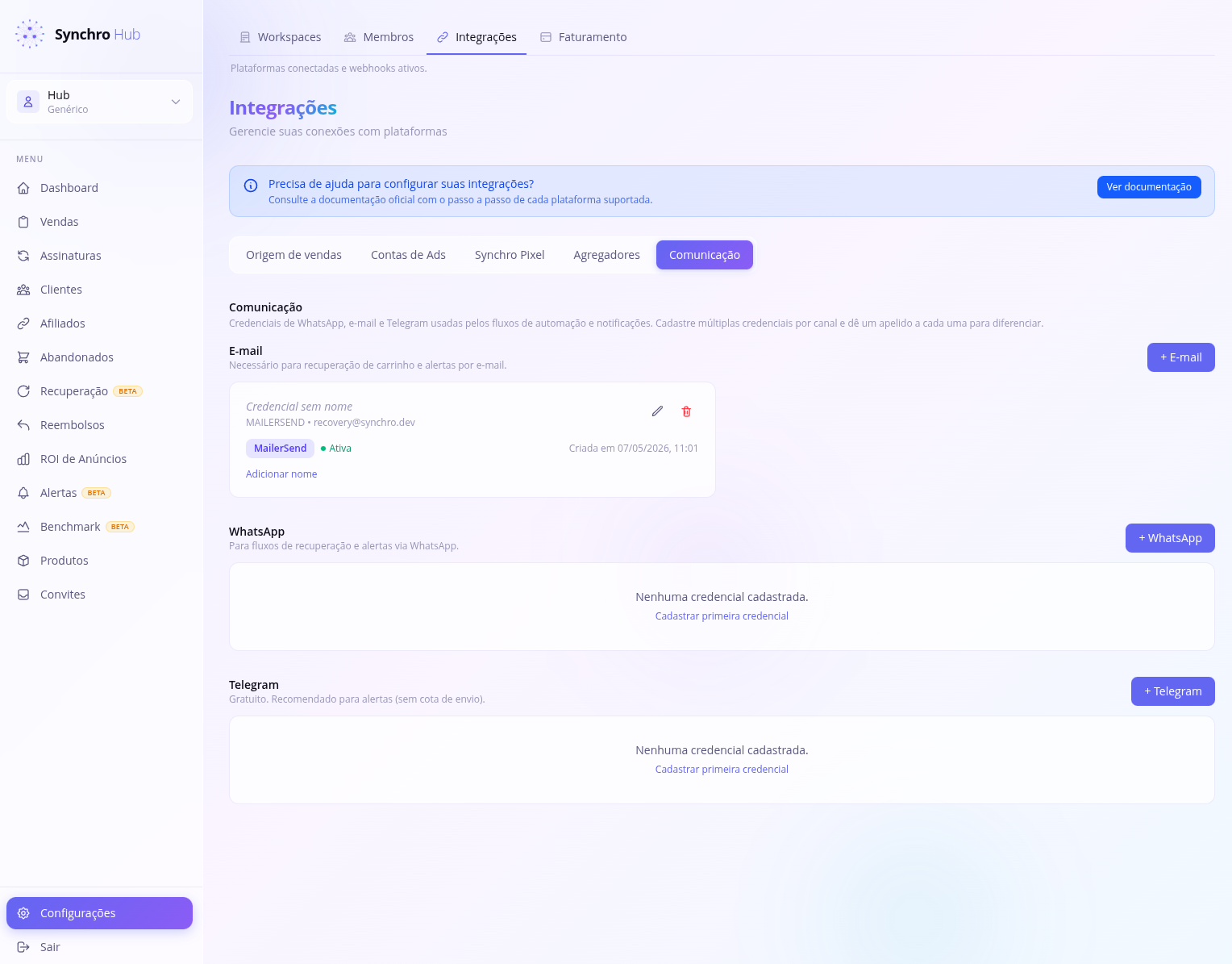 Configuração de canais e-mail, WhatsApp e Telegram