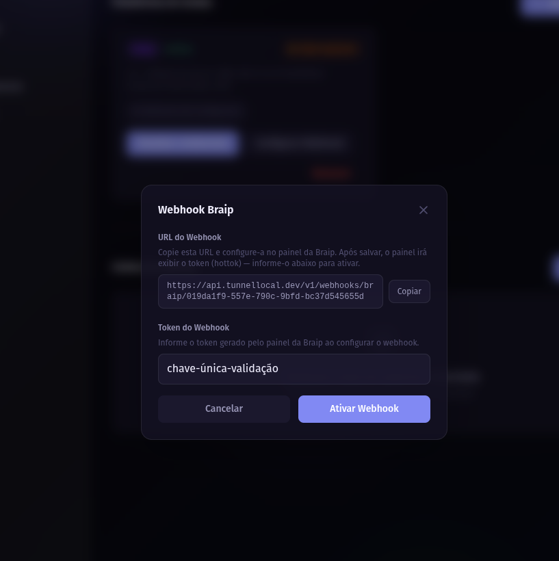 Modal de configuração do webhook