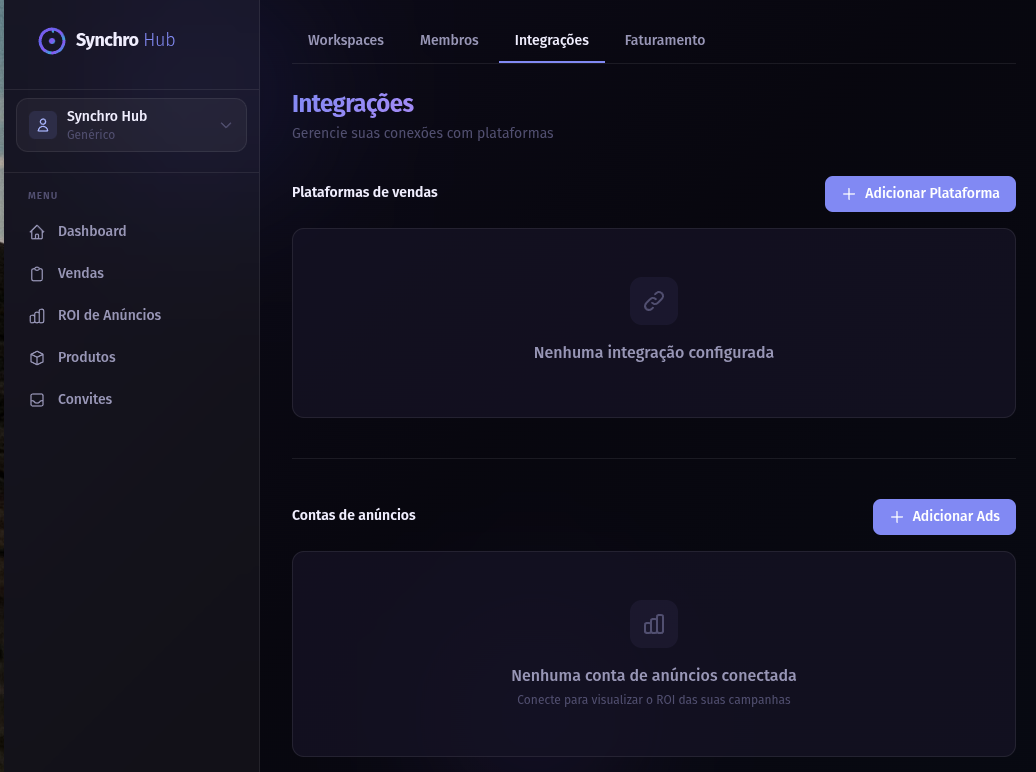Tela de Integrações