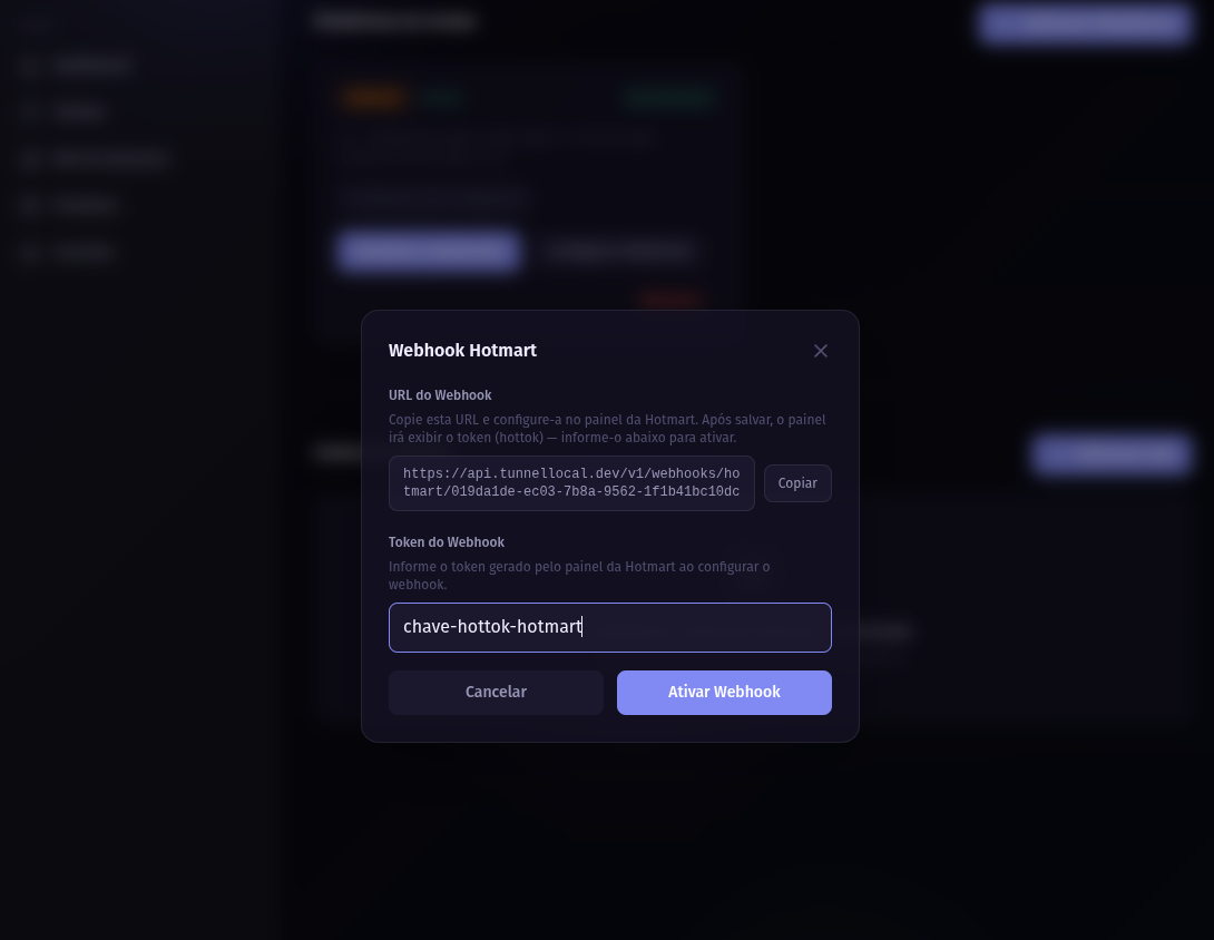 Modal de configuração do webhook