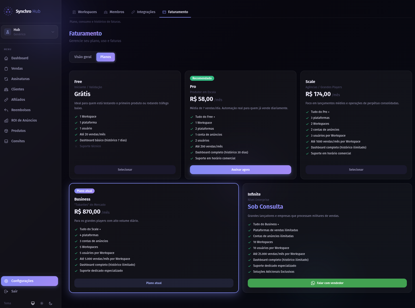 Planos disponíveis no Synchro Hub