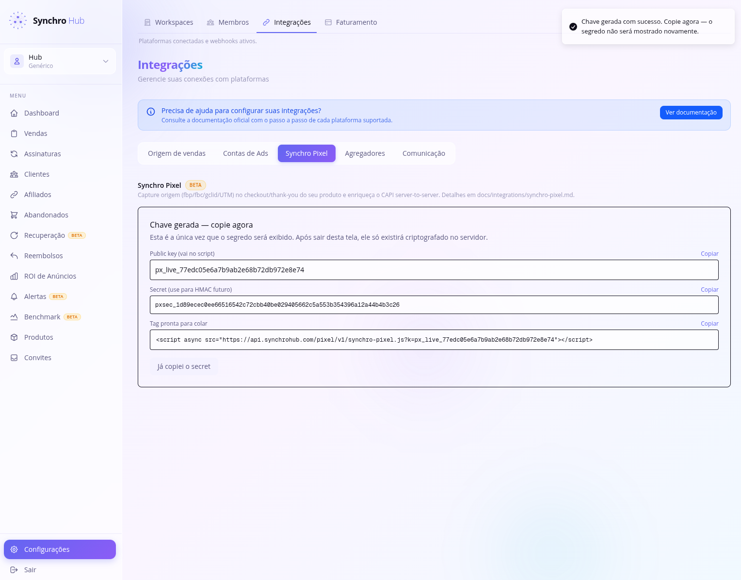 Tela de configuração do SynchroPixel (preview)