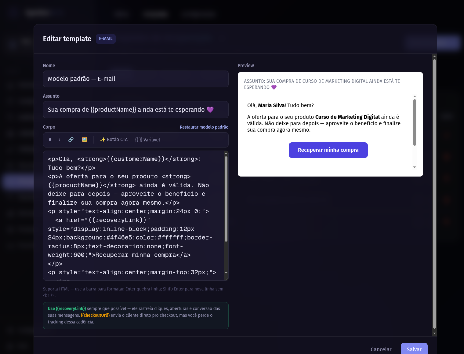 Modal de template de e-mail