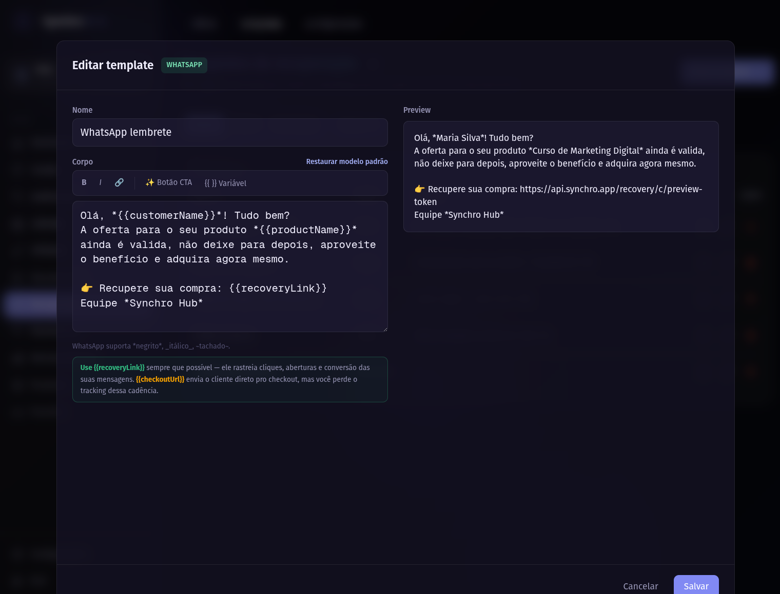 Modal de template de WhatsApp
