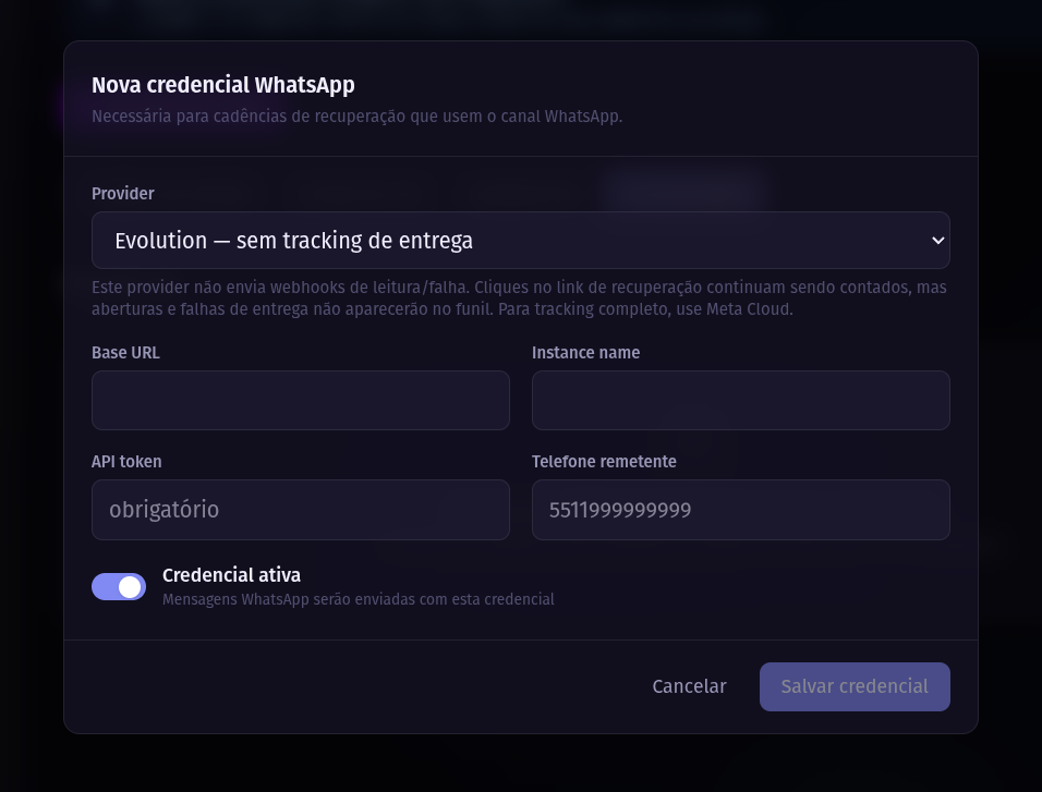 Página de integração com WhatsApp