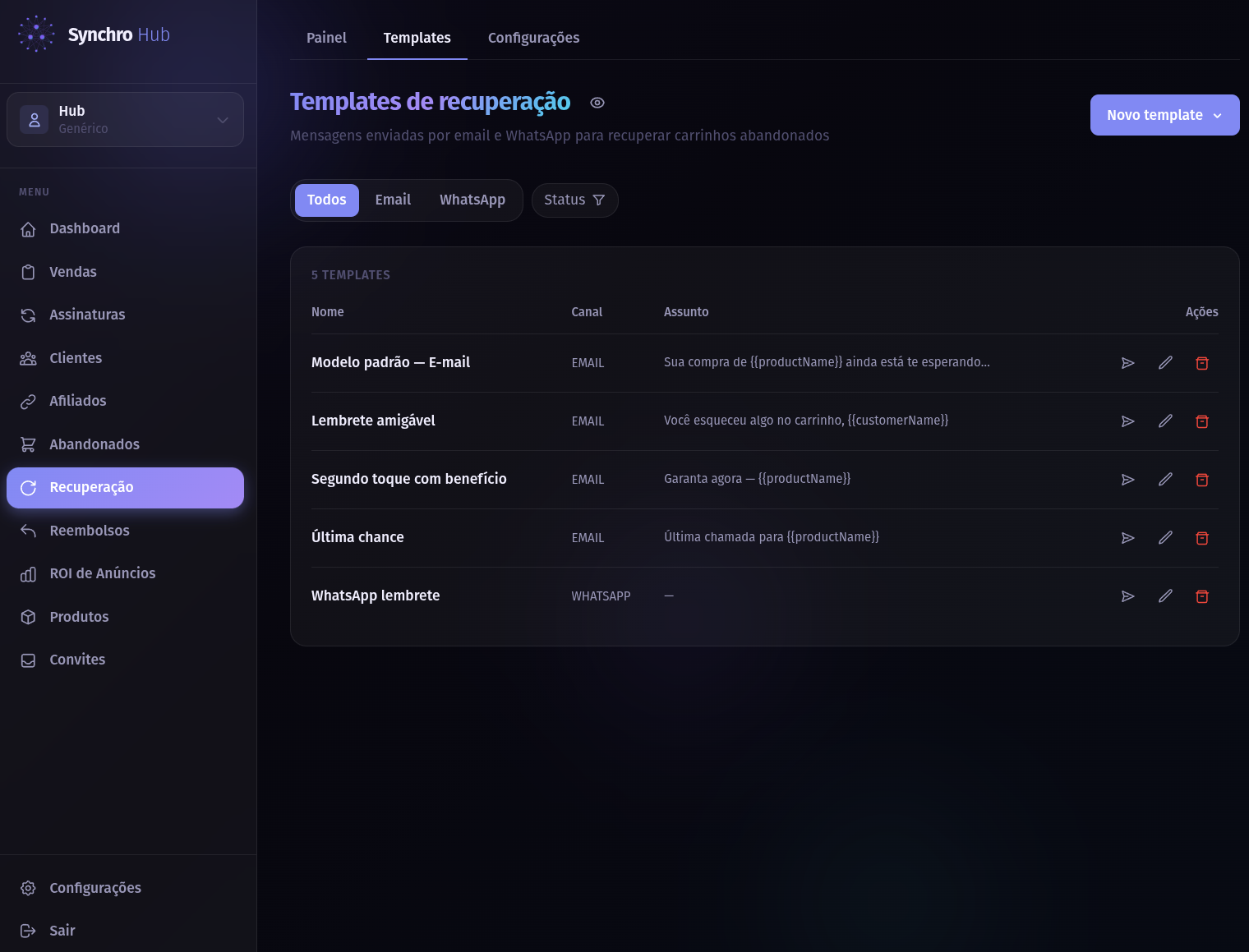 Página de templates de recuperação